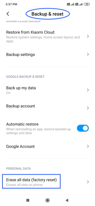 Erase All Data Xiaomi