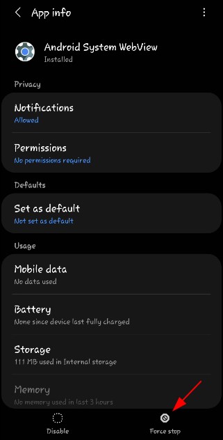 Force Stop Android System Webview