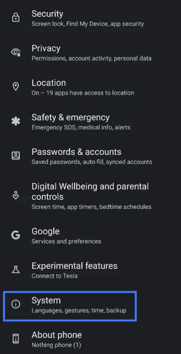 Nothing Phone Settings Menu