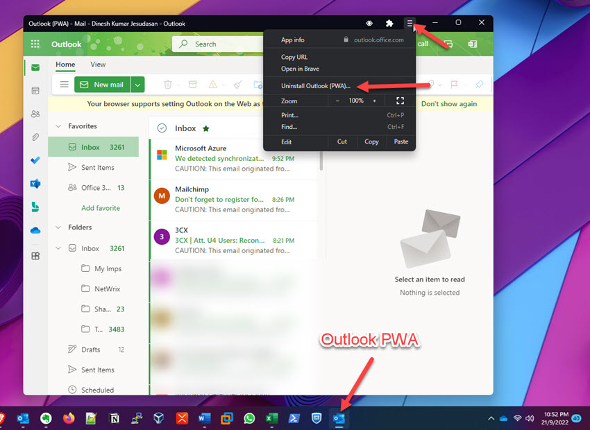 Outlook PWA In Windows 11 Brave Browser