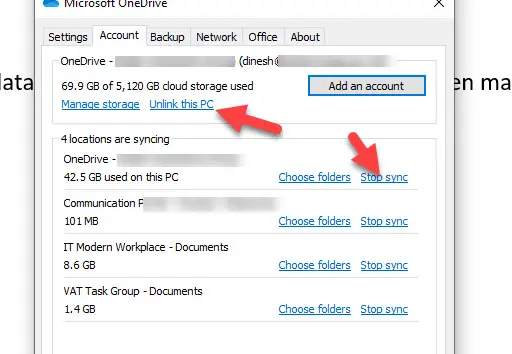 Unlink PC OneDrive Settings