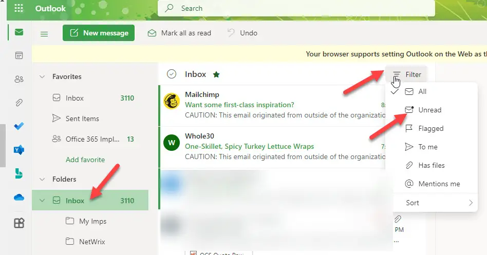 Unread Email Filter In Office 365 OWA