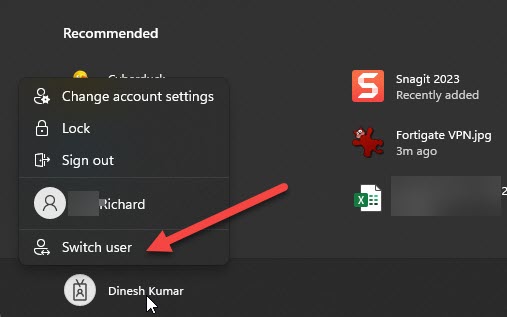 Switch User Option In Windows 11