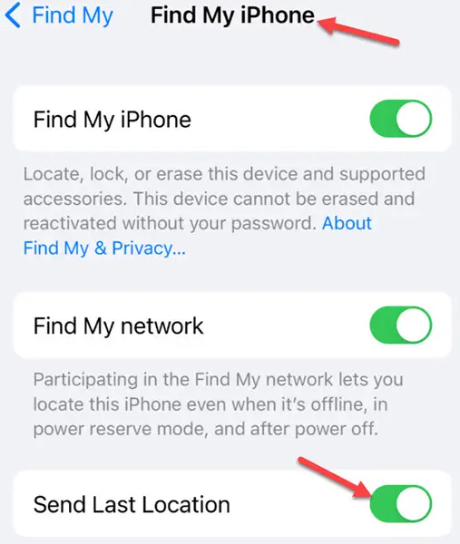 Enable Send My Last Location In IPhone