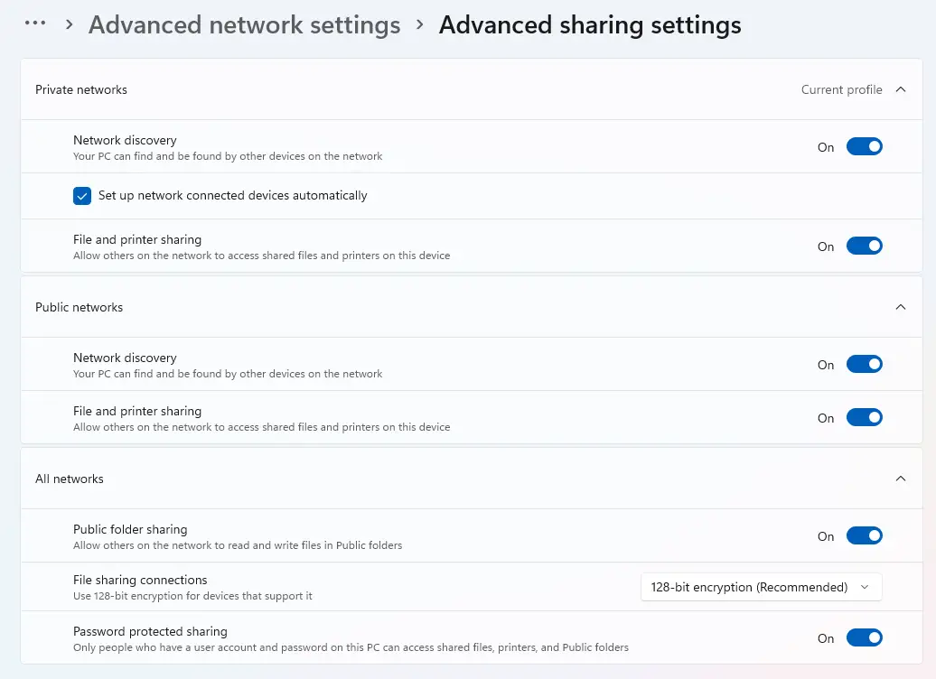 Advanced sharing settings in Windows 11