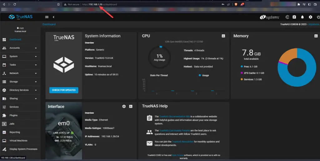 TrueNAS Home Page On VirtualBox 1