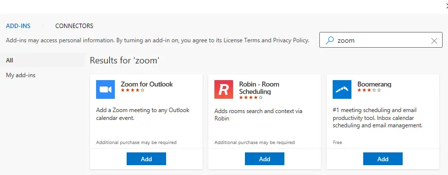 Zoom add-in for Outlook