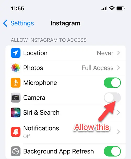 Enable Camera Access On Instagram IPhone