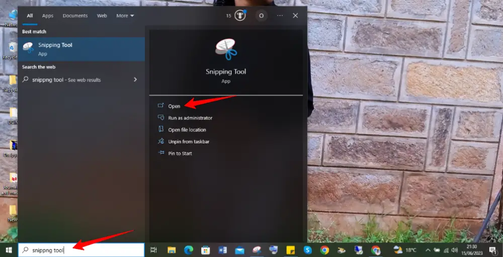 Snipping tool in Windows 10