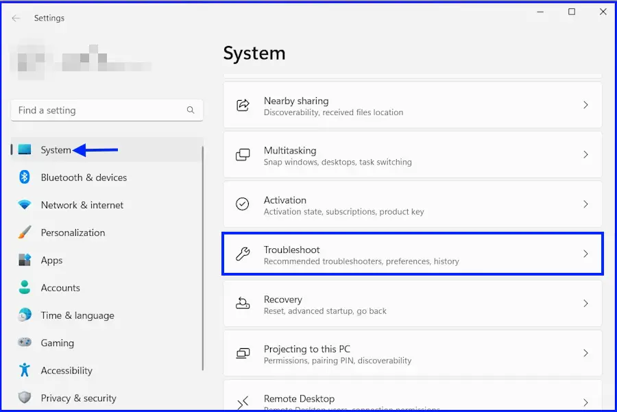 Click Troubleshoot under the System Tab