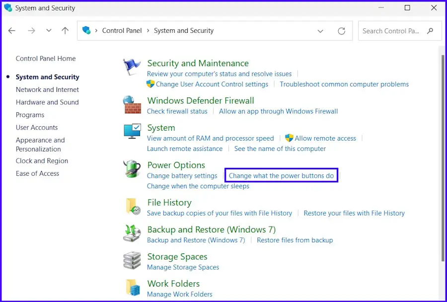 Click Change What the Power Buttons Do Option Under Power Options