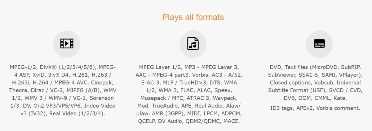 vlc supported codecs and formats
